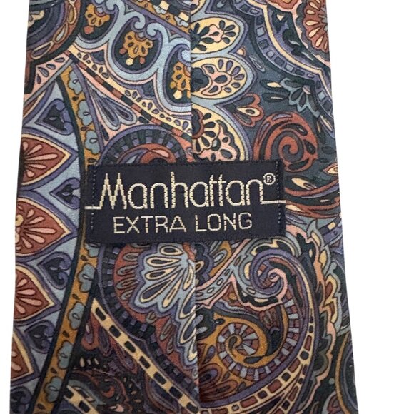 Manhattan Extra Long Paisley Tie Mens Poly Necktie USA Brown Blue Office Formal - Picture 5 of 8